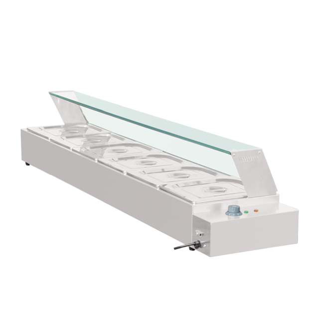 Электрический паровой мармит D-DT-6 с 6 поддонами, настольный, со стеклянной защитой.