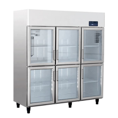 Refrigerador vertical comercial com porta de vidro, 6 portas, 1456 litros, para exposição em lojas e estabelecimentos comerciais.