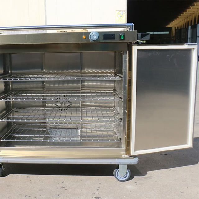 Carrinho térmico comercial para aquecimento de alimentos, armário móvel com aquecimento elétrico para serviços de catering.