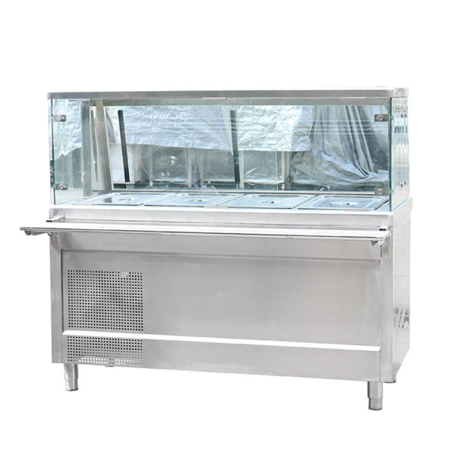 Refrigerador expositor comercial de vidro, 0–8°C, para produtos de supermercado e padaria.