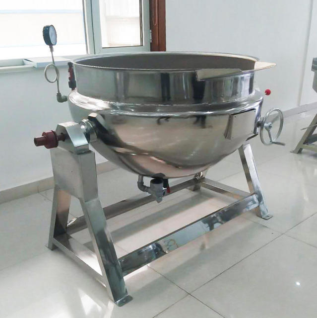 Caldeira industrial de aço inoxidável SUS304 com camisa de vapor, modelos a gás e elétricos de 50 a 800 litros.