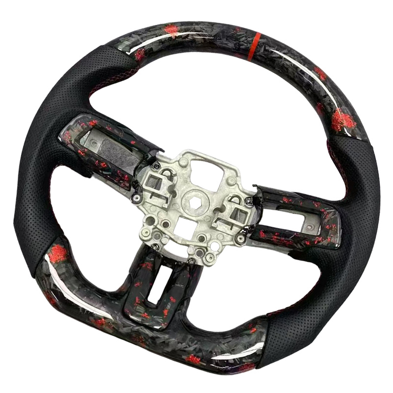 Ford Mustang 2015 - 2022 100% Forged Carbon Fiber Steering Wheel Red Flake Nappa Leather