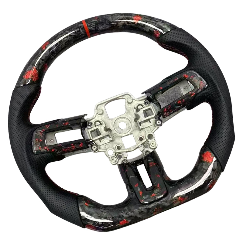 Ford Mustang 2015 - 2022 100% Forged Carbon Fiber Steering Wheel Red Flake Nappa Leather