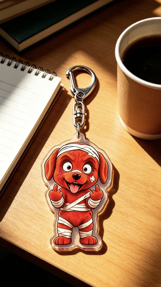 Acrylic keychain, featuring a cute red cartoon dog pendant with a mischievous expression, in a cartoon style, playful and charming