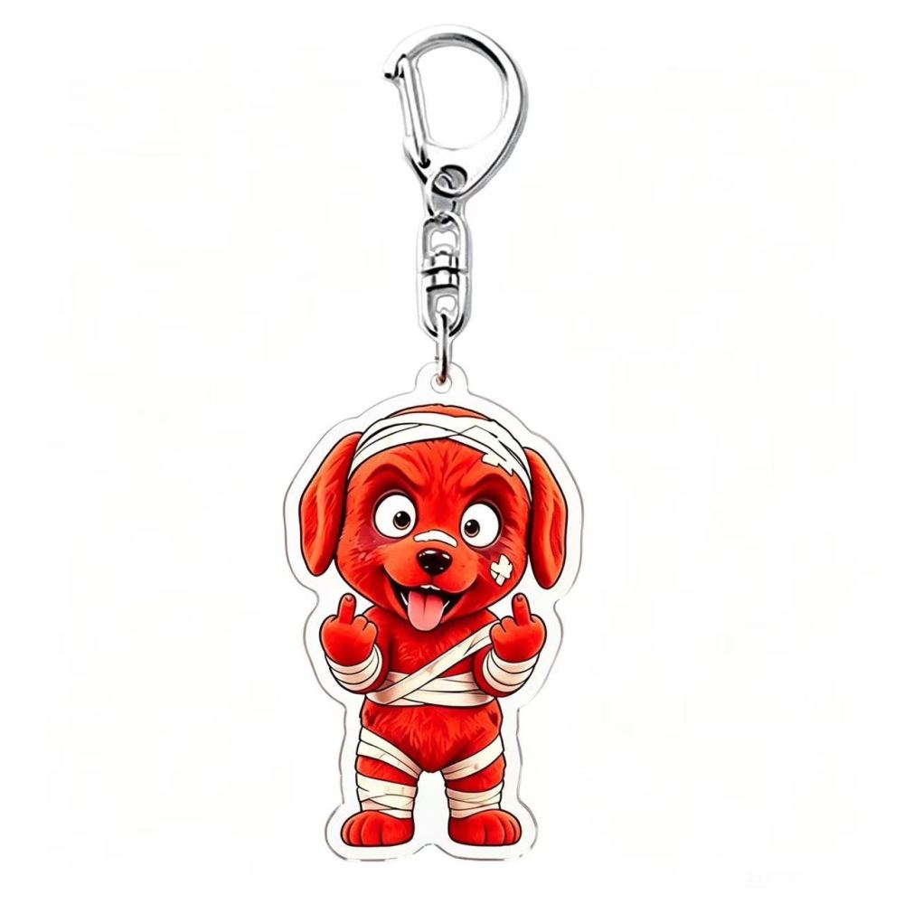 Acrylic keychain, featuring a cute red cartoon dog pendant with a mischievous expression, in a cartoon style, playful and charming
