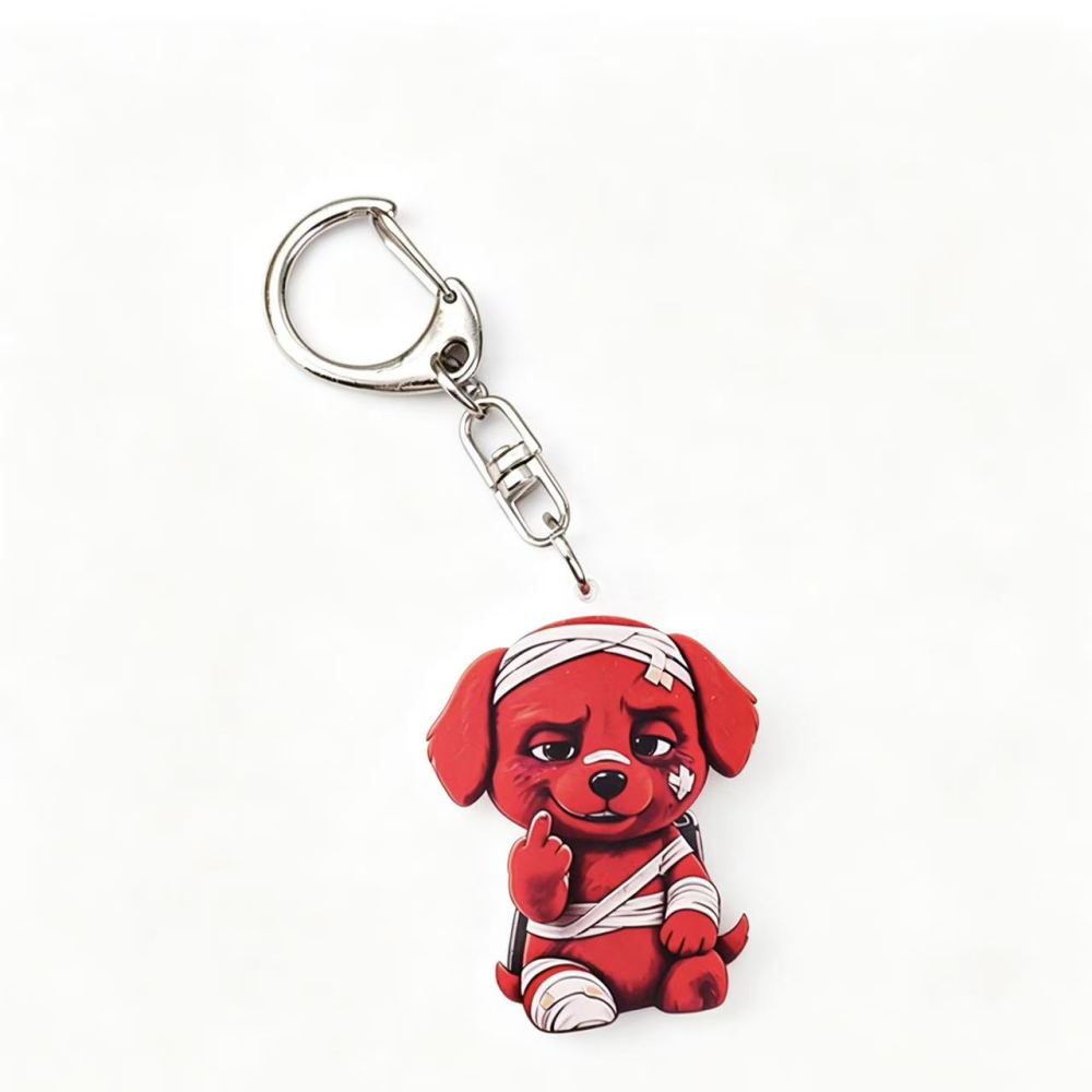 Acrylic keychain, featuring a cute red cartoon dog pendant with a mischievous expression, in a cartoon style, playful and charming.