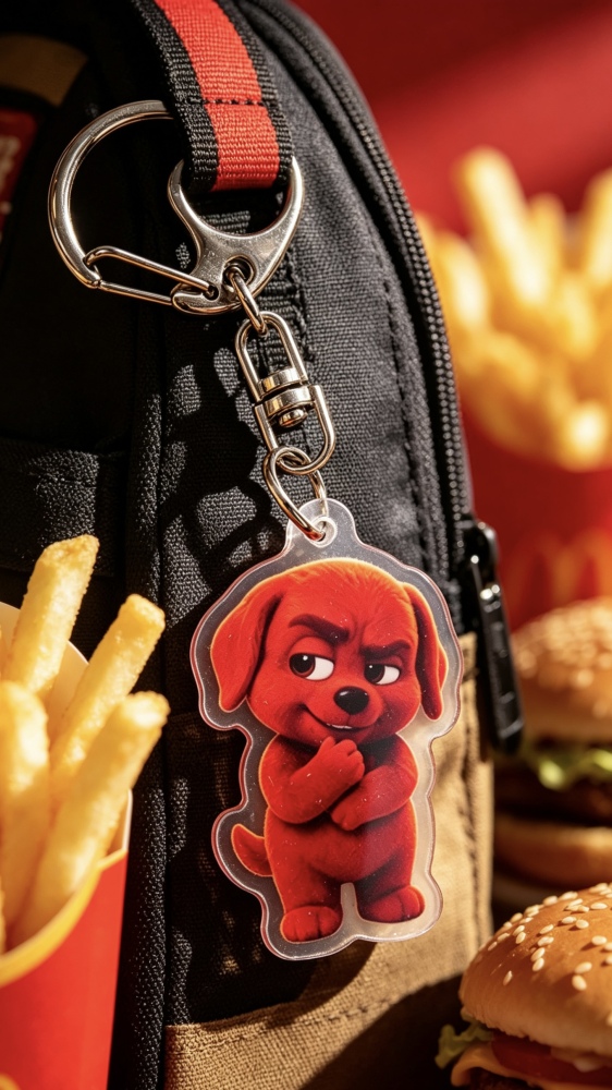 Acrylic keychain, featuring a cute red cartoon dog pendant with a mischievous expression, in a cartoon style, playful and charming