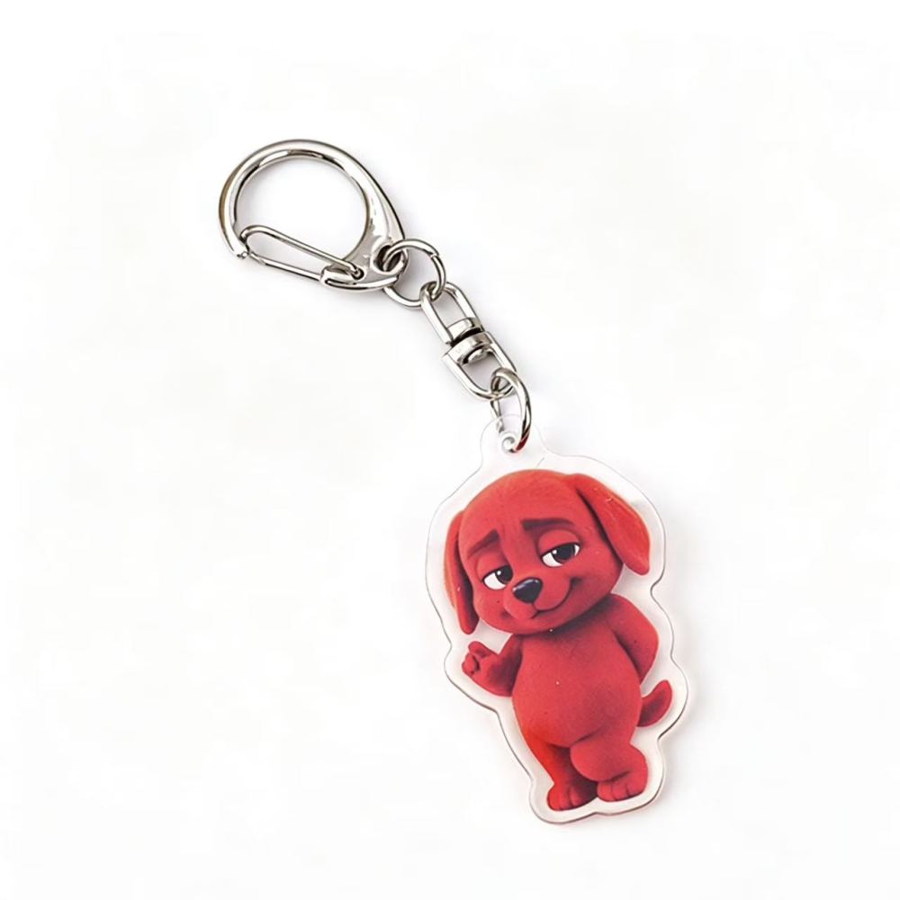 Acrylic keychain, featuring a cute red cartoon dog pendant with a mischievous expression, in a cartoon style, playful and charming