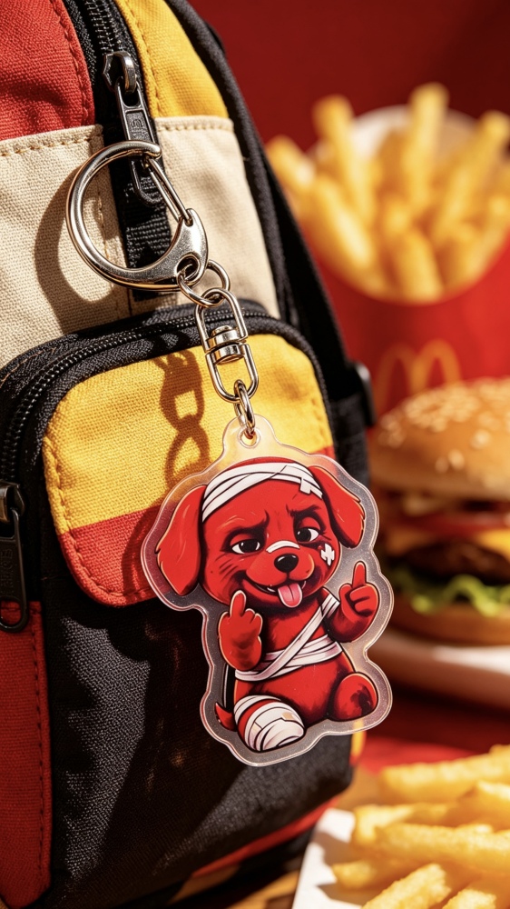 Acrylic keychain, featuring a cute red cartoon dog pendant with a mischievous expression, in a cartoon style, playful and charming.
