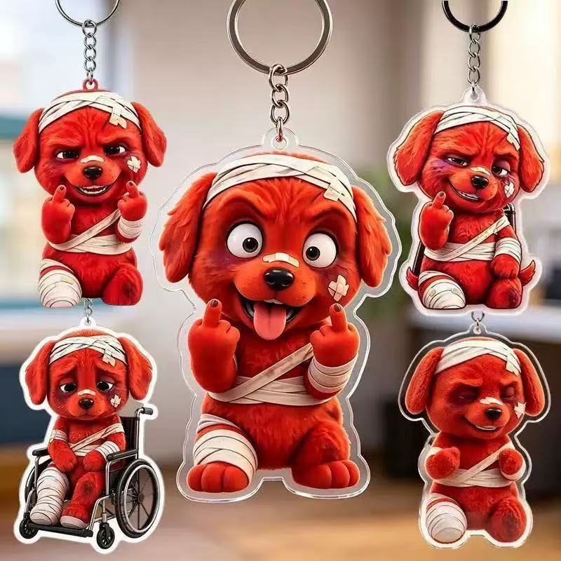 Acrylic keychain, featuring a cute red cartoon dog pendant with a mischievous expression, in a cartoon style, playful and charming.