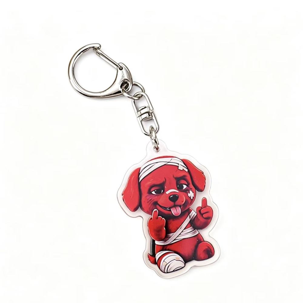 Acrylic keychain, featuring a cute red cartoon dog pendant with a mischievous expression, in a cartoon style, playful and charming