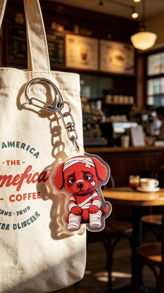 Acrylic keychain, featuring a cute red cartoon dog pendant with a mischievous expression, in a cartoon style, playful and charming.