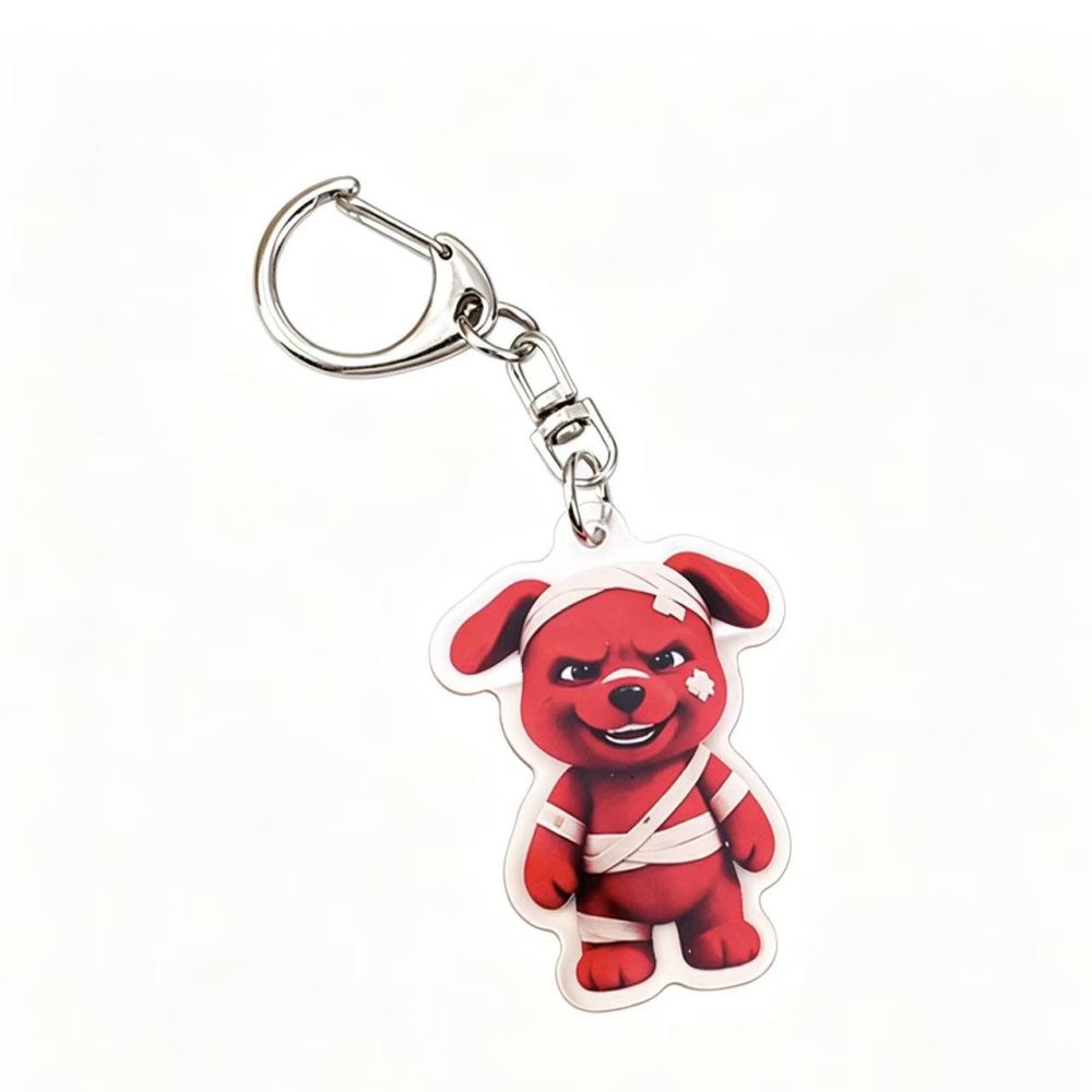 Acrylic keychain, featuring a cute red cartoon dog pendant with a mischievous expression, in a cartoon style, playful and charming.