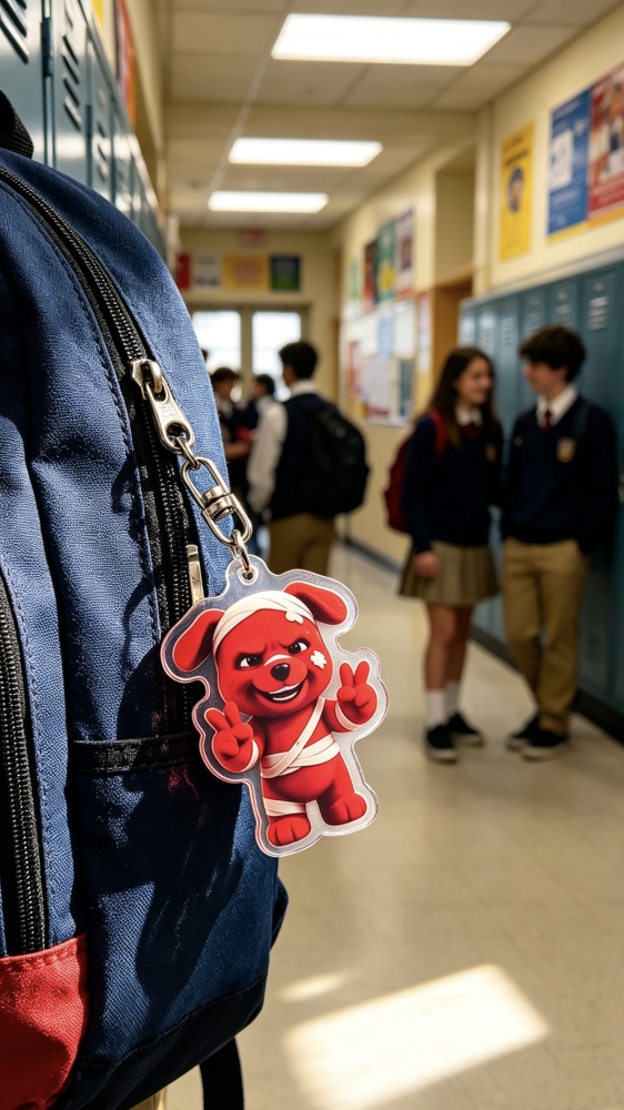 Acrylic keychain, featuring a cute red cartoon dog pendant with a mischievous expression, in a cartoon style, playful and charming