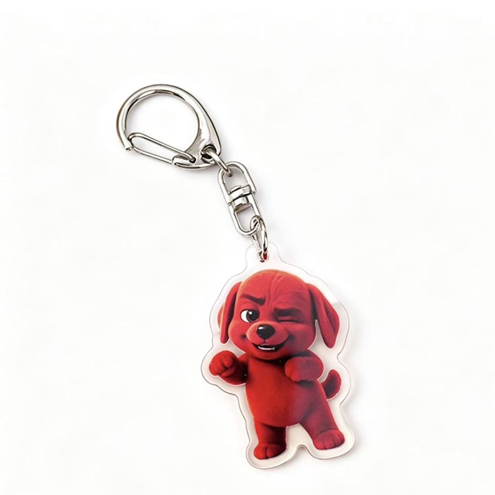 Acrylic keychain, featuring a cute red cartoon dog pendant with a mischievous expression, in a cartoon style, playful and charming