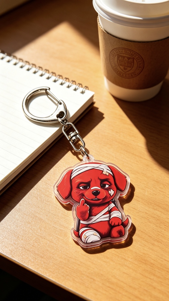 Acrylic keychain, featuring a cute red cartoon dog pendant with a mischievous expression, in a cartoon style, playful and charming