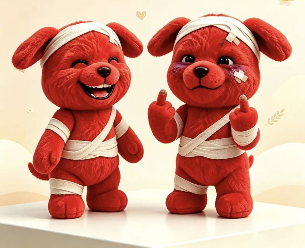 Injured Red Dog Flipping the Middle Finger – Funny Sassy Puppy Plushies | Sassy Bandaged Dog Stuffed Toys