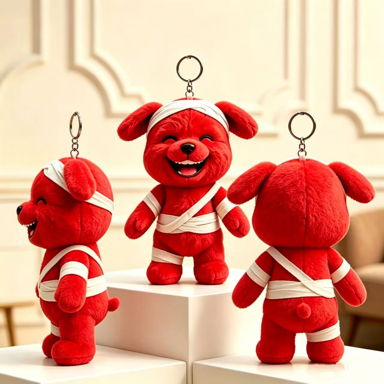Playful Wounded Red Puppy 3D Keychain | Plush Pendant with a Cocky "I See You" Look — Perfect for Bags & Keys