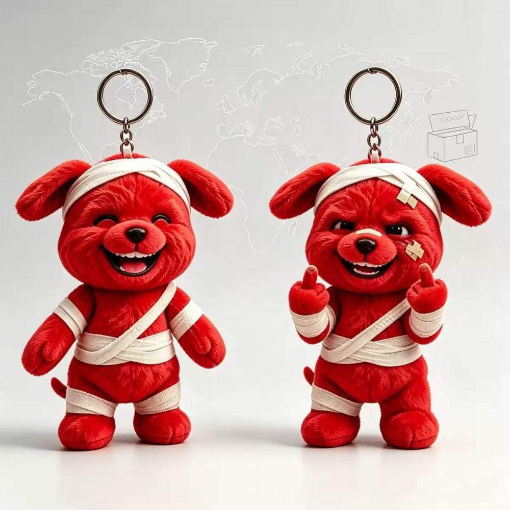 Playful Wounded Red Puppy 3D Keychain | Plush Pendant with a Cocky "I See You" Look — Perfect for Bags & Keys