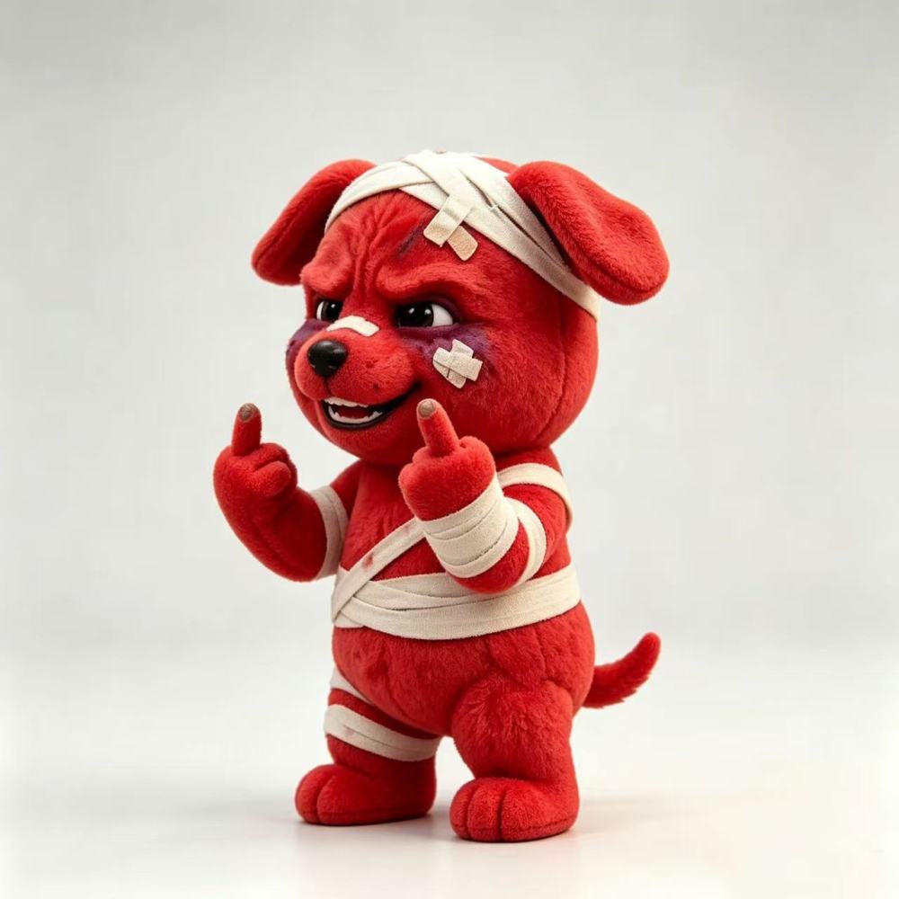 Injured Red Dog Flipping the Middle Finger – Funny Sassy Puppy Plushies | Sassy Bandaged Dog Stuffed Toys