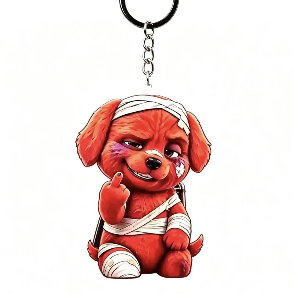 New Acrylic Injured Red Dog Flipping the Middle Finger – Funny Sassy Puppy keychain，bagchain，in a cartoon style, playful and charming