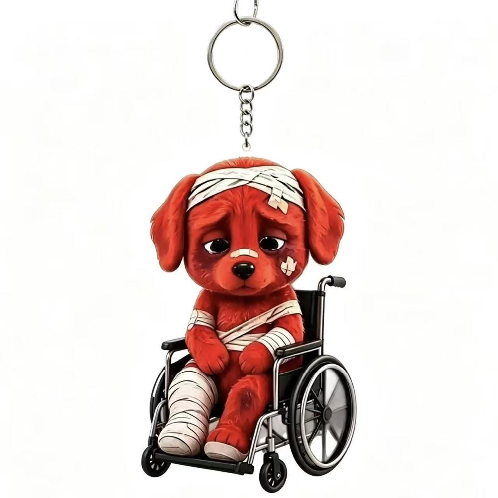 New Acrylic Injured Red Dog Flipping the Middle Finger – Funny Sassy Puppy keychain，bagchain，in a cartoon style, playful and charming