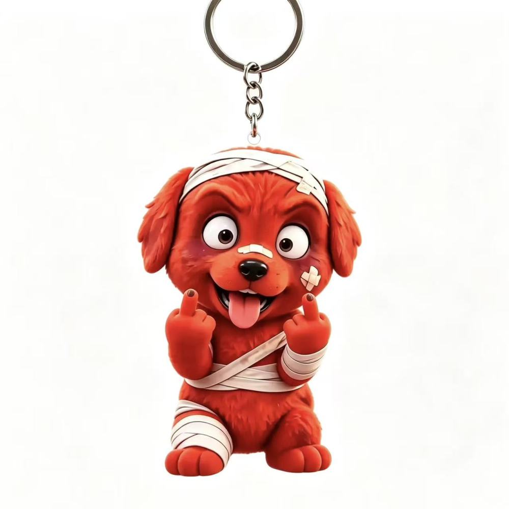 New Acrylic Injured Red Dog Flipping the Middle Finger – Funny Sassy Puppy keychain，bagchain，in a cartoon style, playful and charming