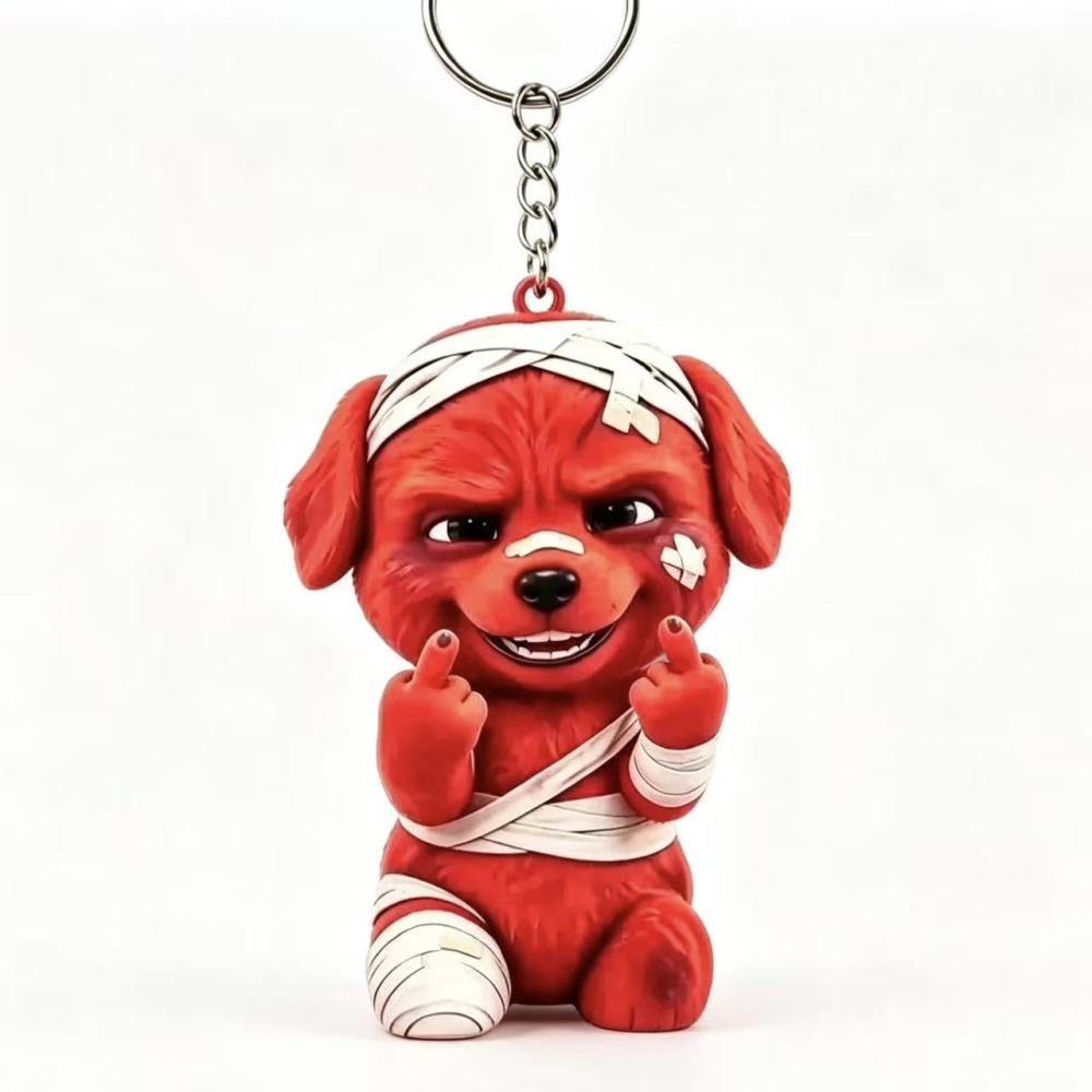New Acrylic Injured Red Dog Flipping the Middle Finger – Funny Sassy Puppy keychain，bagchain，in a cartoon style, playful and charming