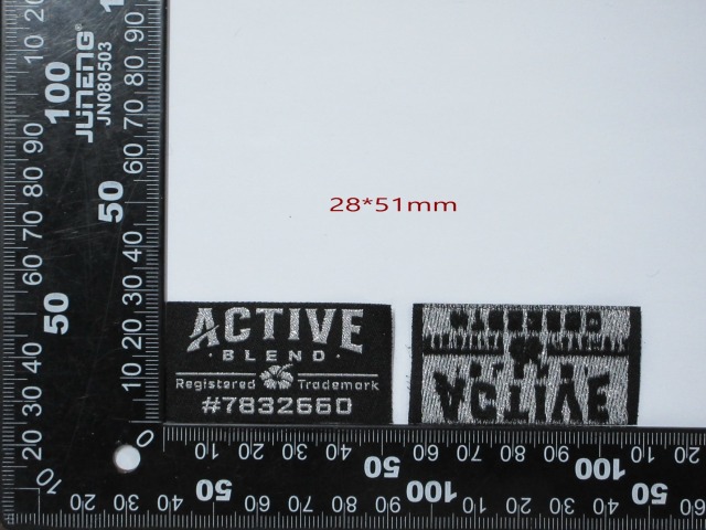 Custom "ACTIVE BLEND" Woven Label (28x51mm) with Silver Metallic Thread - Reference Design