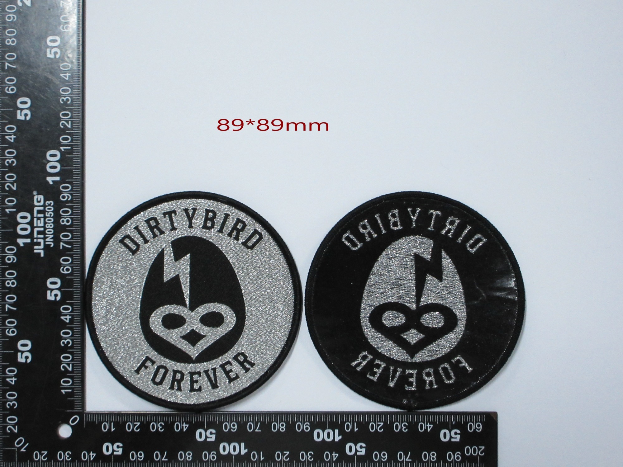 Custom Dirtybird Forever Woven Patch (89x89mm) with Silver Metallic Thread - Reference Design