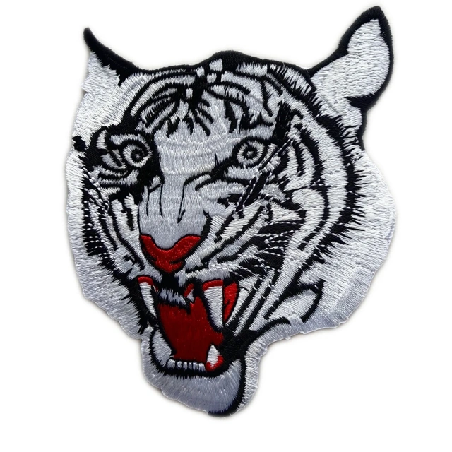 Large White Tiger Roaring Face Embroidered Patch (3.8" W x 5.1" T)-Front Side