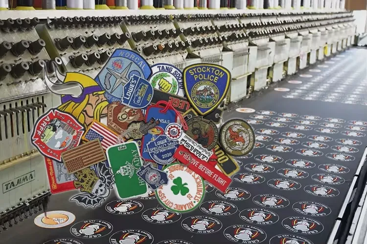 A variety of Chinese embroidered patches with diverse designs displayed in front of an embroidery machine, illustrating the craftsmanship and range of products that make them popular in overseas markets.
