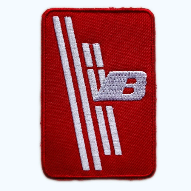 Stylized Red and White Vertical Stripe "V8" Embroidered Patch-Front Side