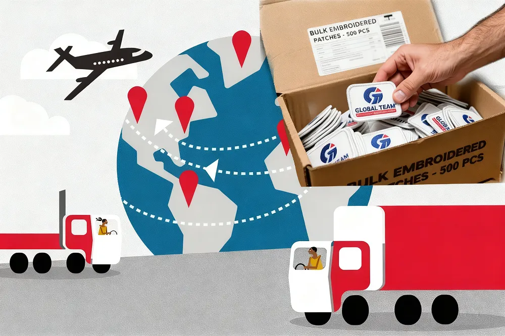 Illustration of global shipping logistics for embroidered patches &ndash; showcasing bulk patch packaging, international delivery routes via plane and truck, ideal for cross-border e-commerce cost-effective shipping strategies