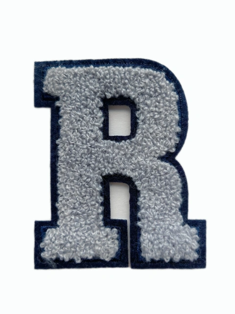 Gray Chenille Letter R Patch with Blue Border (2.68" x 3.35")