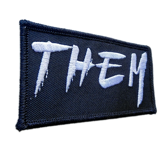 THEM Logo White on Black Embroidered Patch (3.5" W x 1.8" T)-Left Side