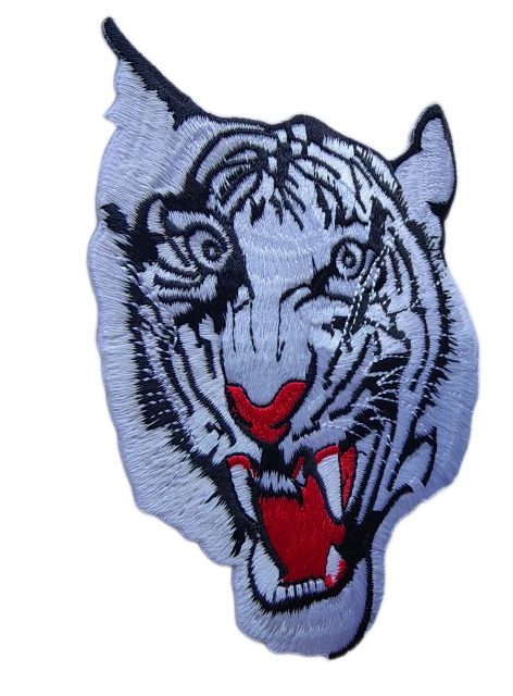 Large White Tiger Roaring Face Embroidered Patch (3.8" W x 5.1" T)-Left Side