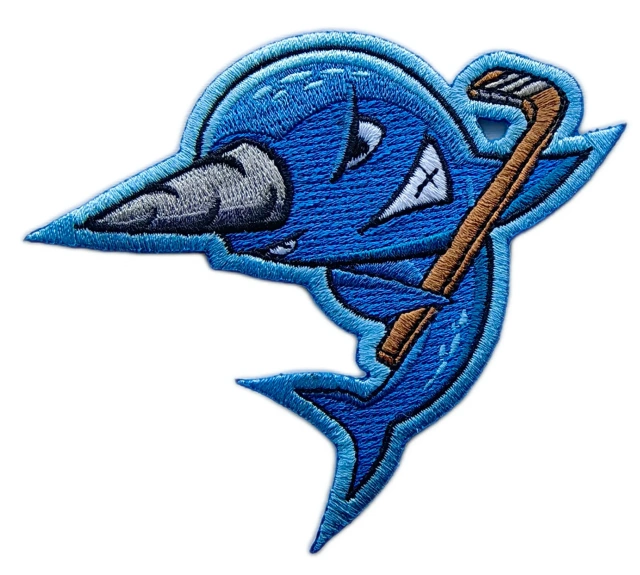 Blue Cartoon Narwhal or Swordfish Hockey Mascot Embroidered Patch (3.8" W x 3.1" H)-Front Side