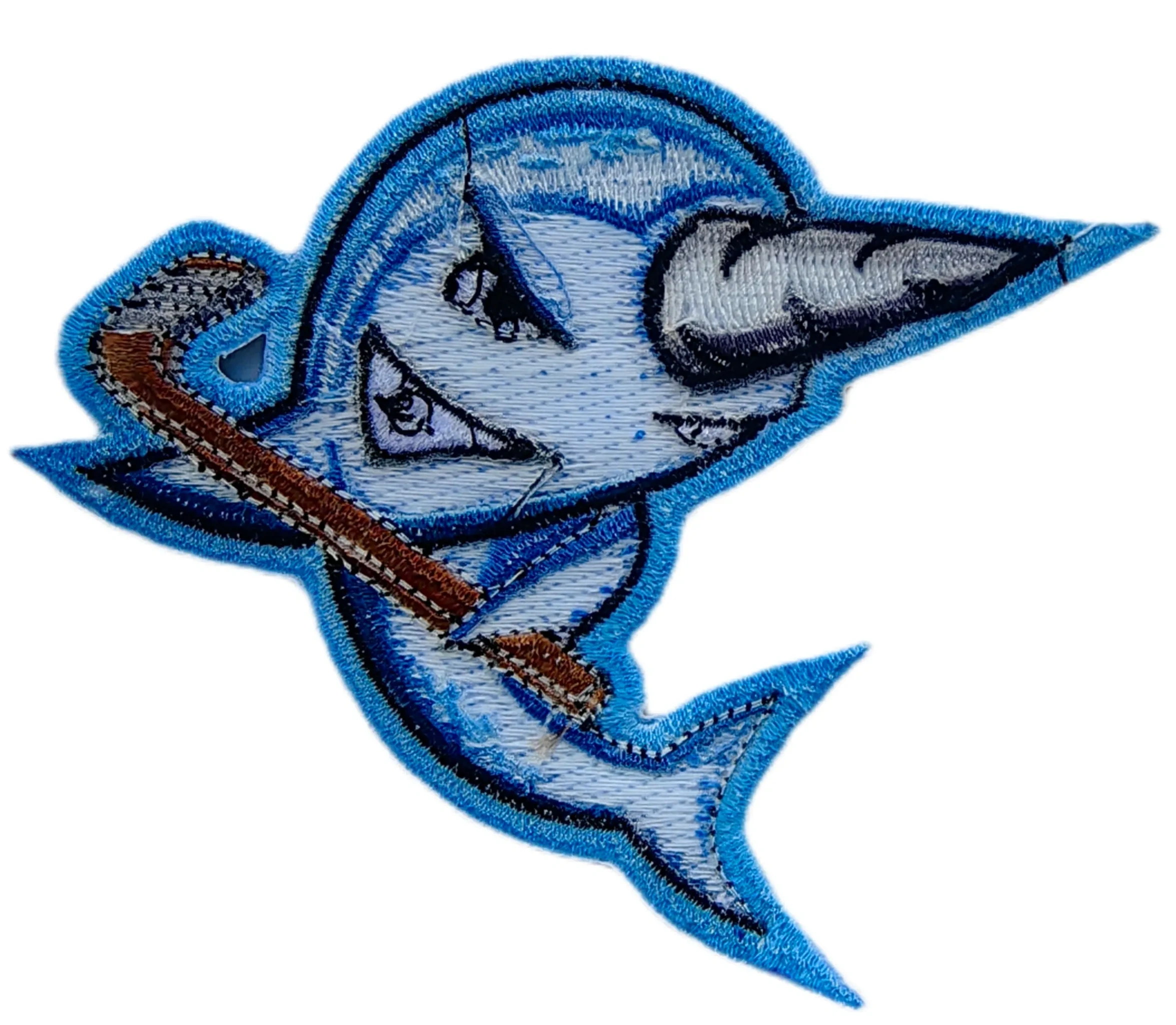 Back side view of the embroidered mascot patch showing the iron-on backing surface