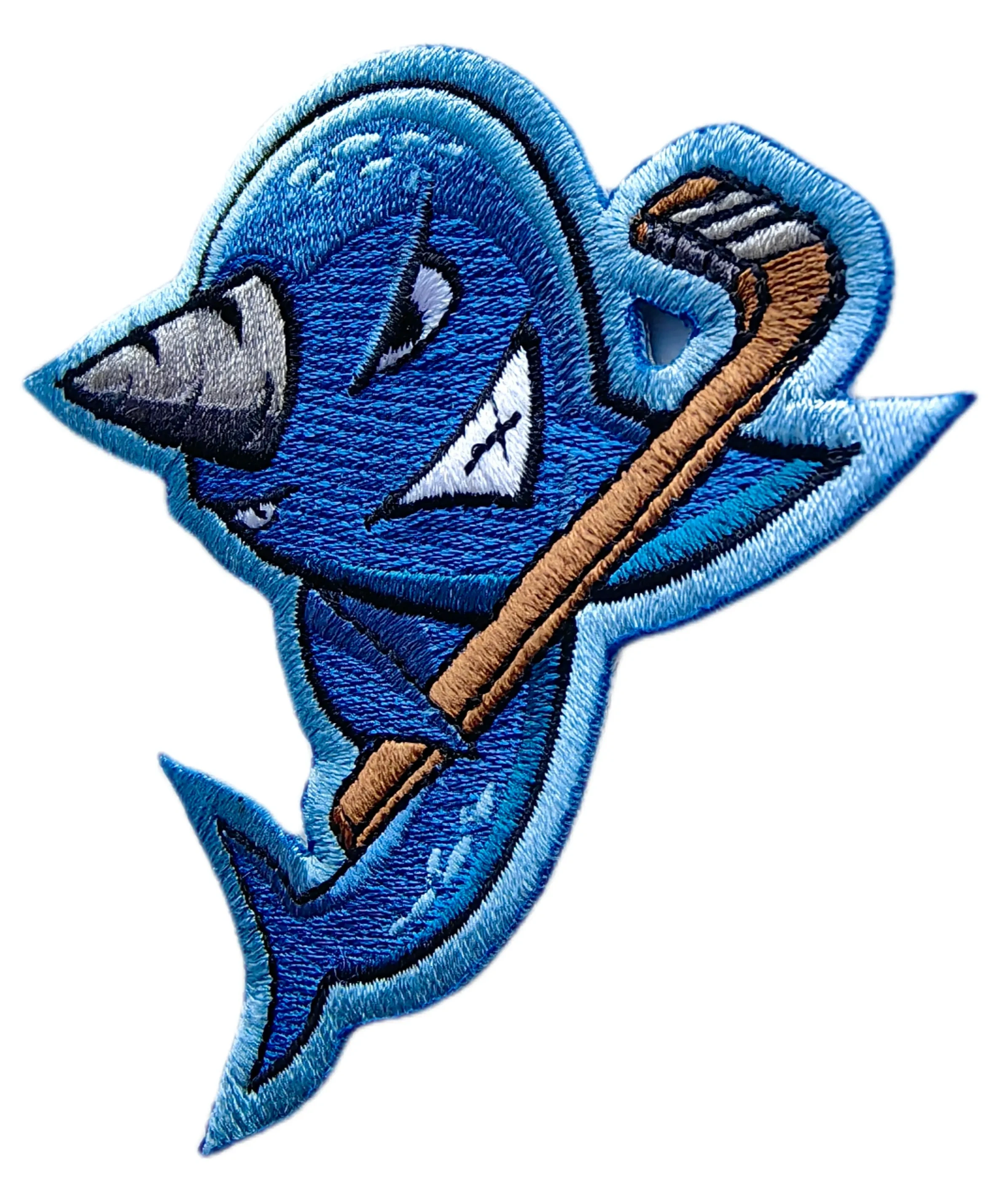 Right side view of the embroidered hockey mascot patch showing dense stitching, layered shading and the reinforced stitched border