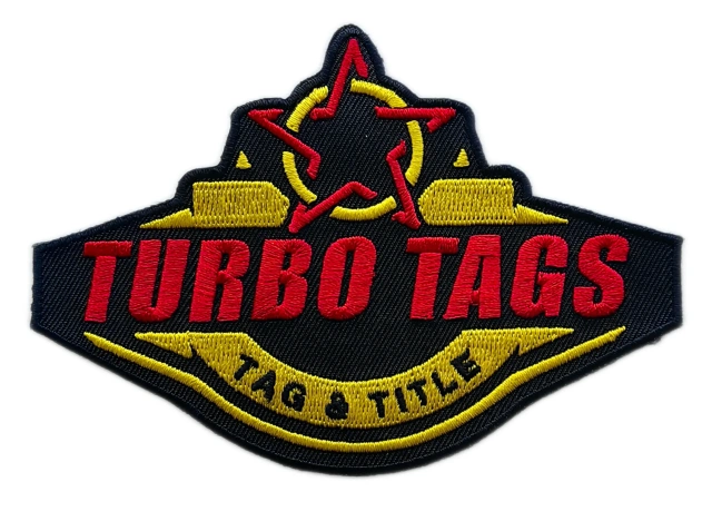 Turbo Tags Tag & Title Services Business Logo Embroidered Patch (4.5" W x 3.1" H)-Front Side