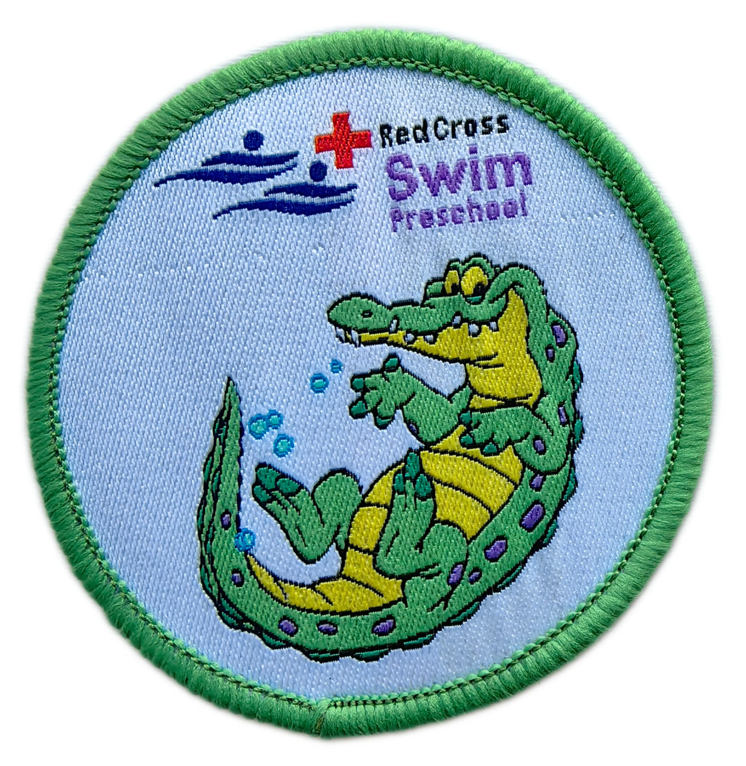 Red Cross Swim Preschool Woven Patch (2.5" x 2.5" | Merrow Border, Iron - on Back)-Front Side