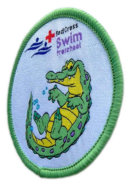 Red Cross Swim Preschool Woven Patch (2.5" x 2.5" | Merrow Border, Iron - on Back)-Right Side