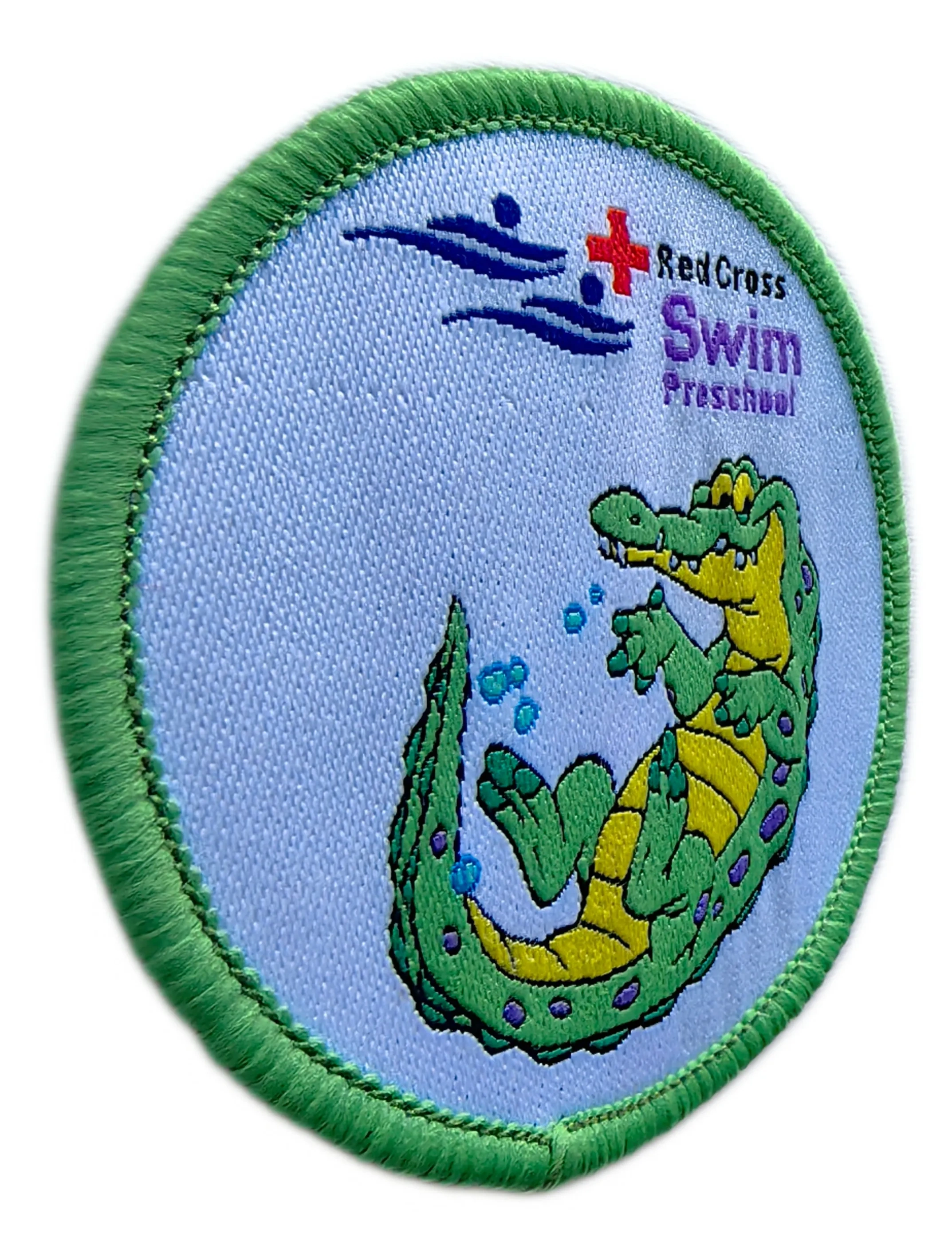 Red Cross Swim Preschool Woven Patch (2.5" x 2.5" | Merrow Border, Iron - on Back)-Left Side