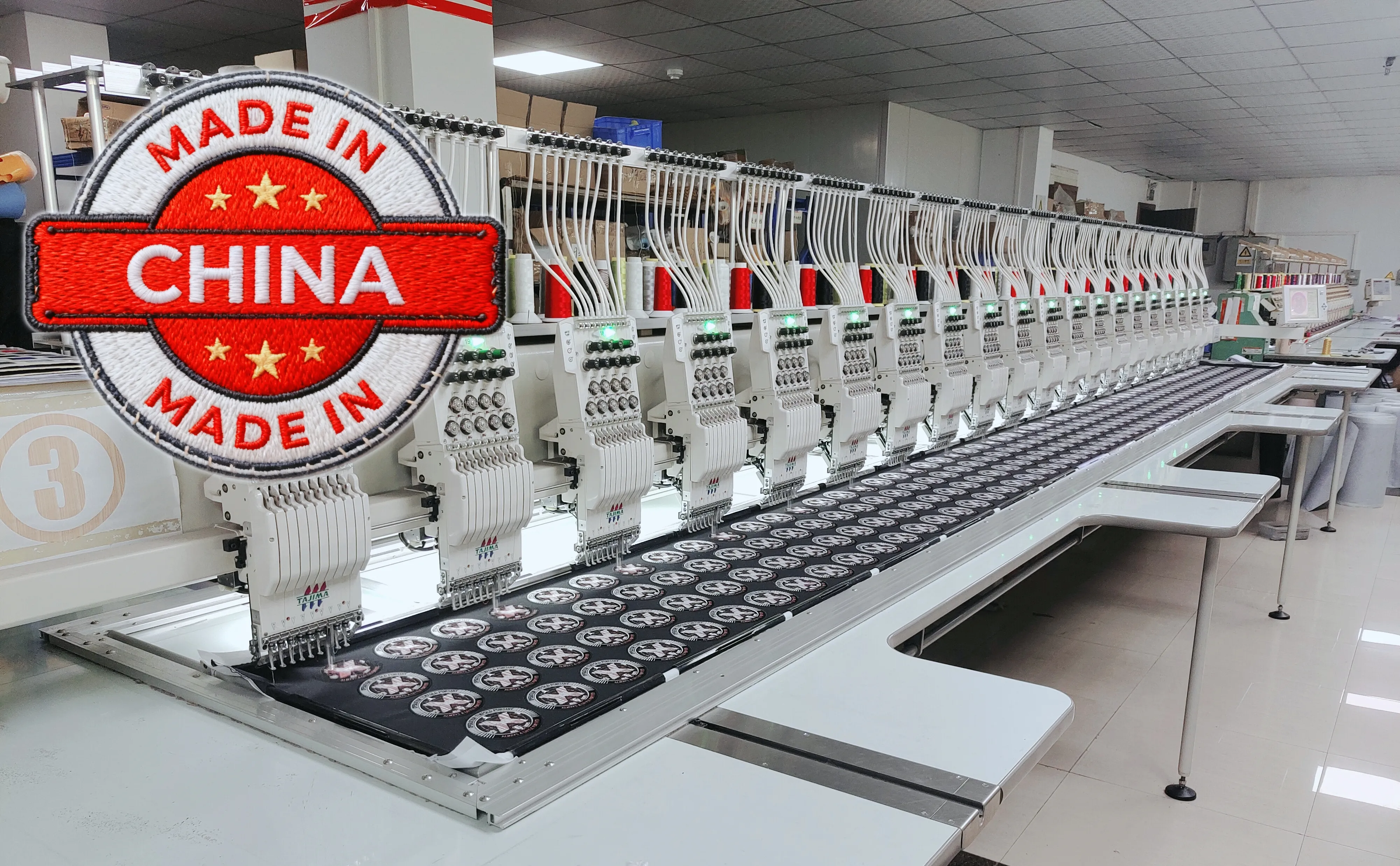Industrial embroidery factory in China: Automated machines produce 'MADE IN CHINA' patches, showcasing China&rsquo;s role in global patch manufacturing.