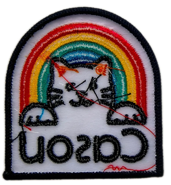 "Cazon" Backwards Text Rainbow Cat Printed & Embroidered Patch (2.4" x 2.55", Iron-On)-Back Side