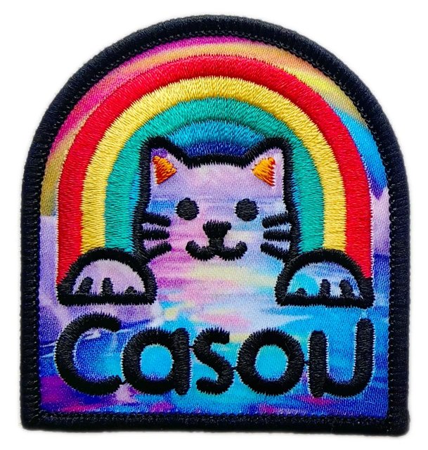 "Cazon" Backwards Text Rainbow Cat Printed & Embroidered Patch (2.4" x 2.55", Iron-On)-Front Side