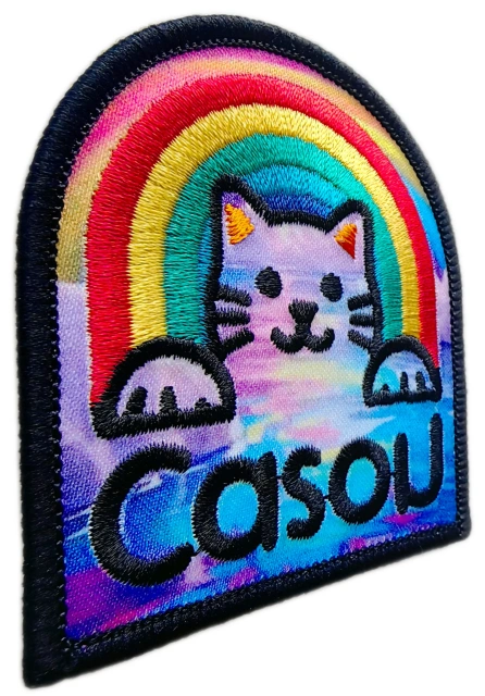 "Cazon" Backwards Text Rainbow Cat Printed & Embroidered Patch (2.4" x 2.55", Iron-On)-Left Side