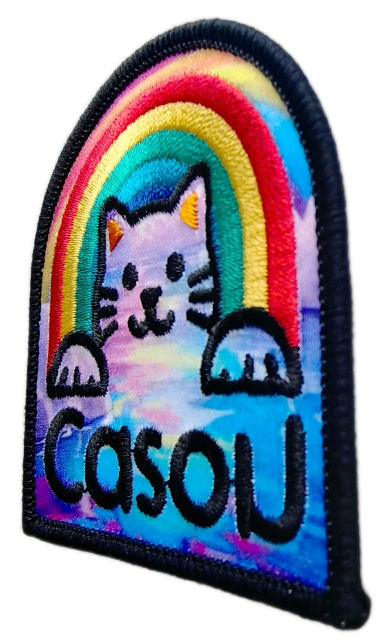 "Cazon" Backwards Text Rainbow Cat Printed & Embroidered Patch (2.4" x 2.55", Iron-On)-Right Side