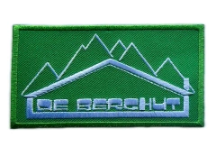 Embroidered Patch - "De Berghut" Mountain & Hut Design (3.95"W × 2.1"H)-Front Side